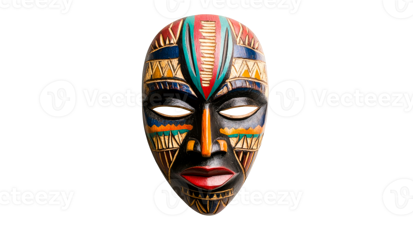 African mask isolated on black background, cut out transparent png