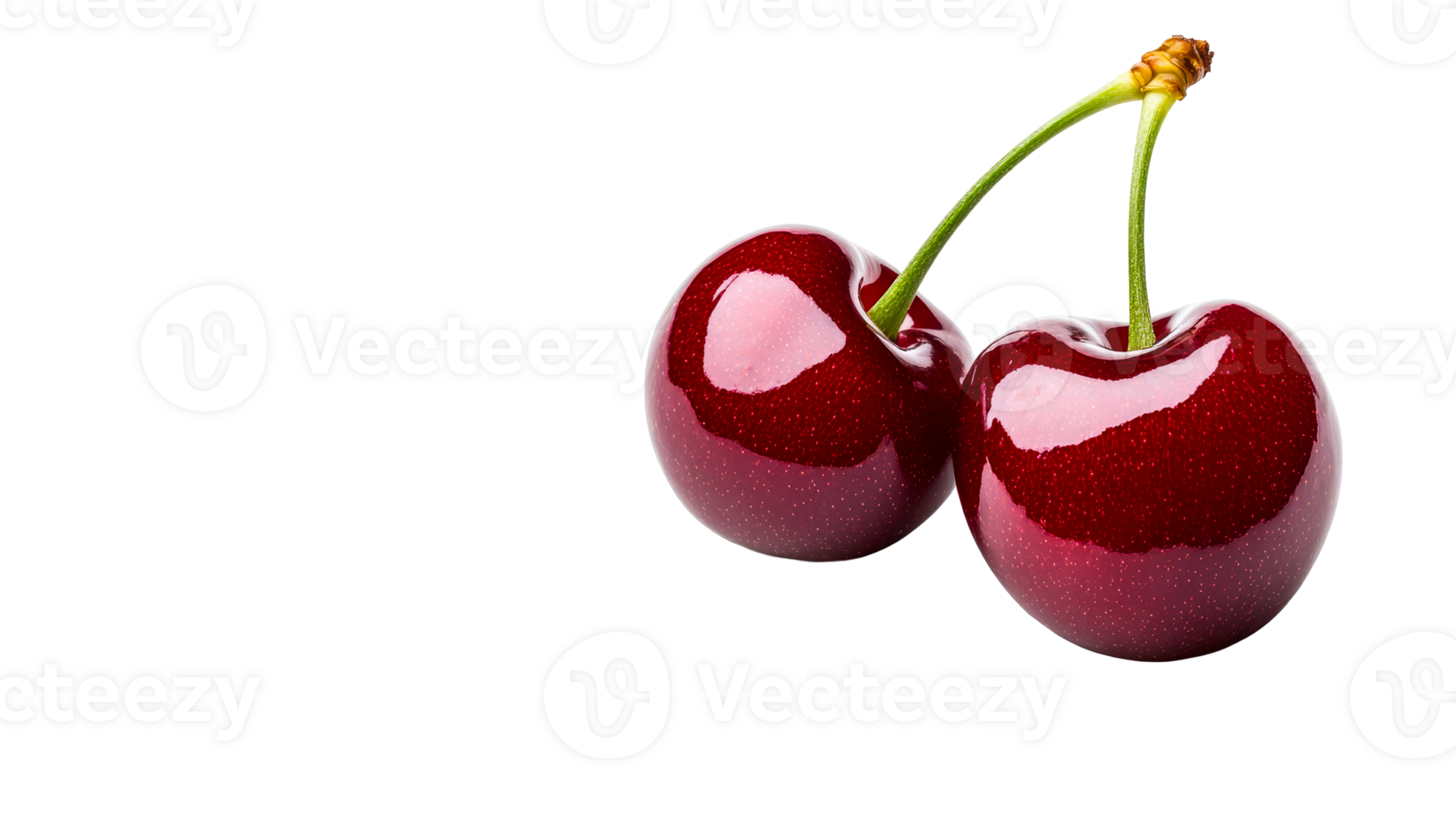 Two red cherries on black background, studio shot, cut out transparent png