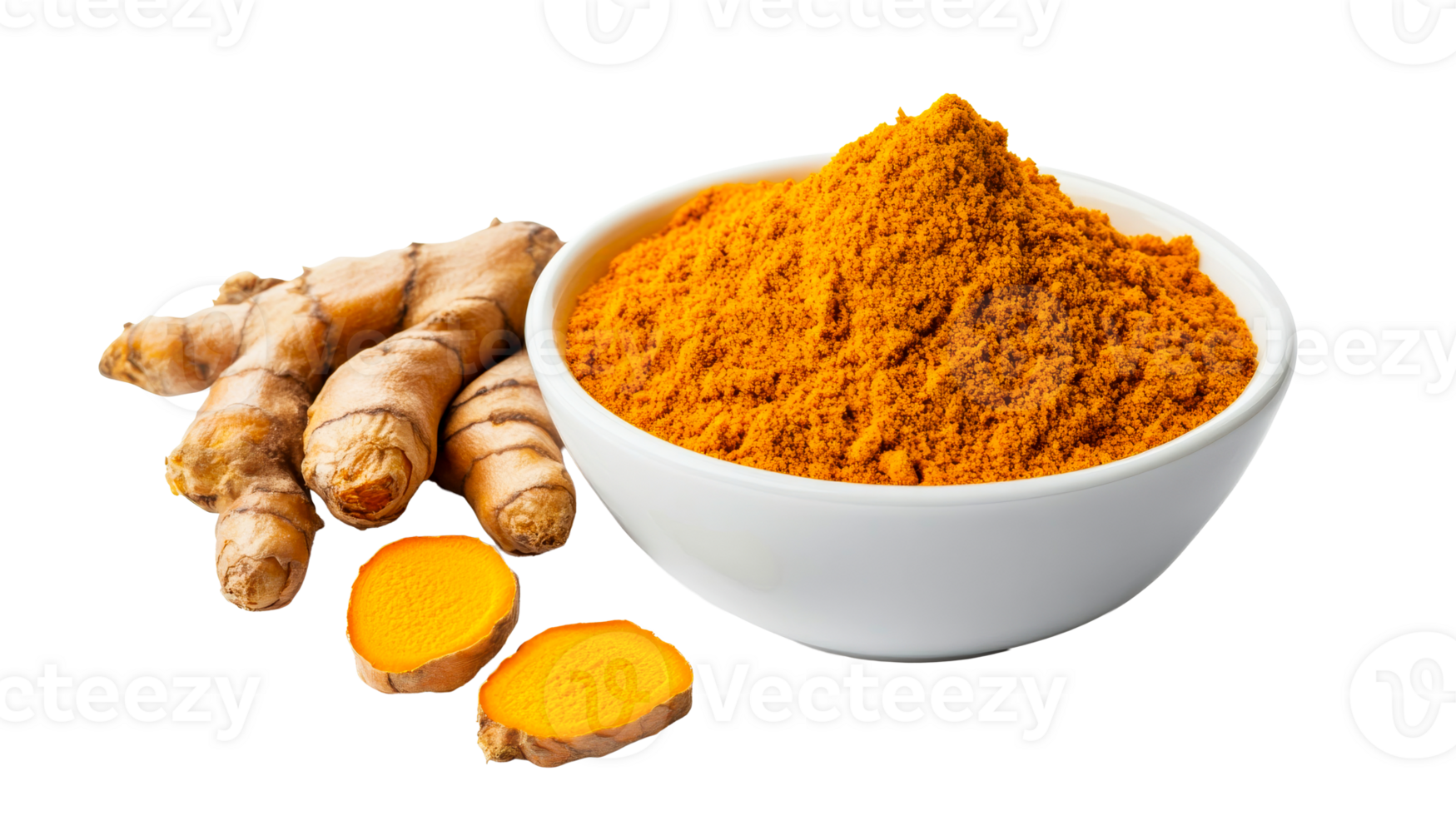 Turmeric spice and root with powder in bowl, cut out transparent png