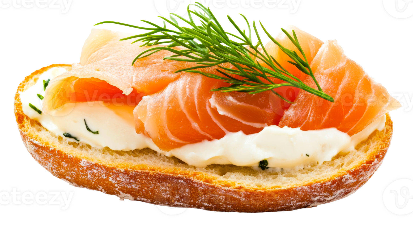Smoked salmon on bread with cream and dill, cut out transparent png