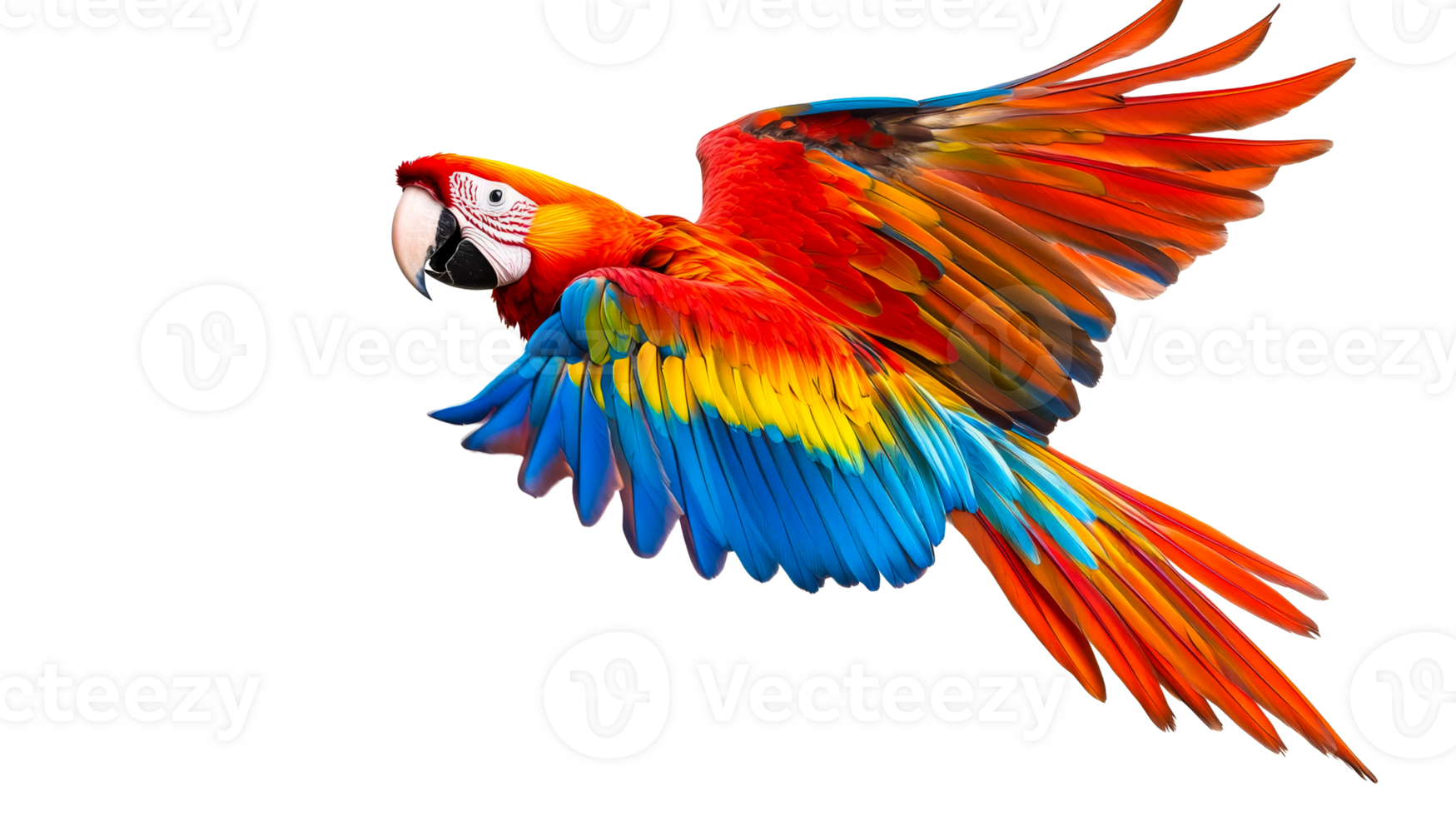 Vibrant Macaw Parrot Soaring in Flight, Detailed Feathers, cut out transparent png