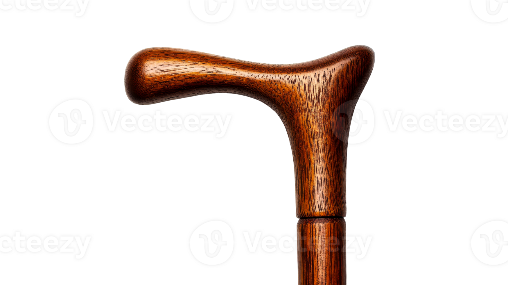 Elegant wooden walking cane with crook handle, isolated, cut out transparent png