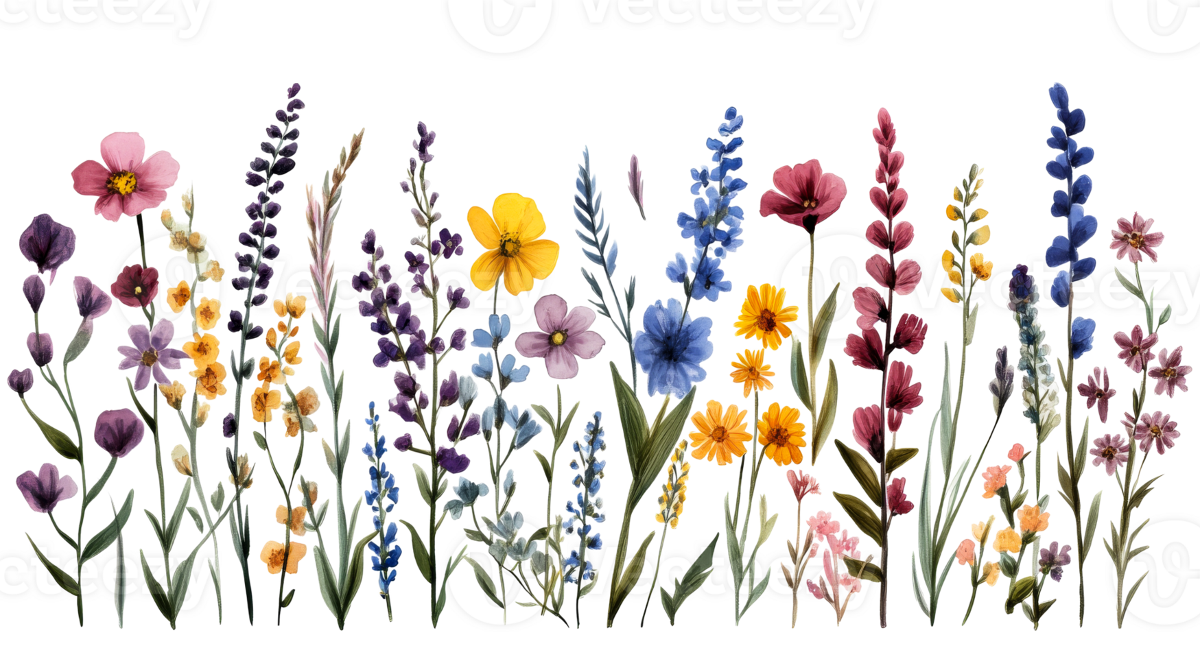 Watercolor meadow flowers of various colors, cut out transparent png