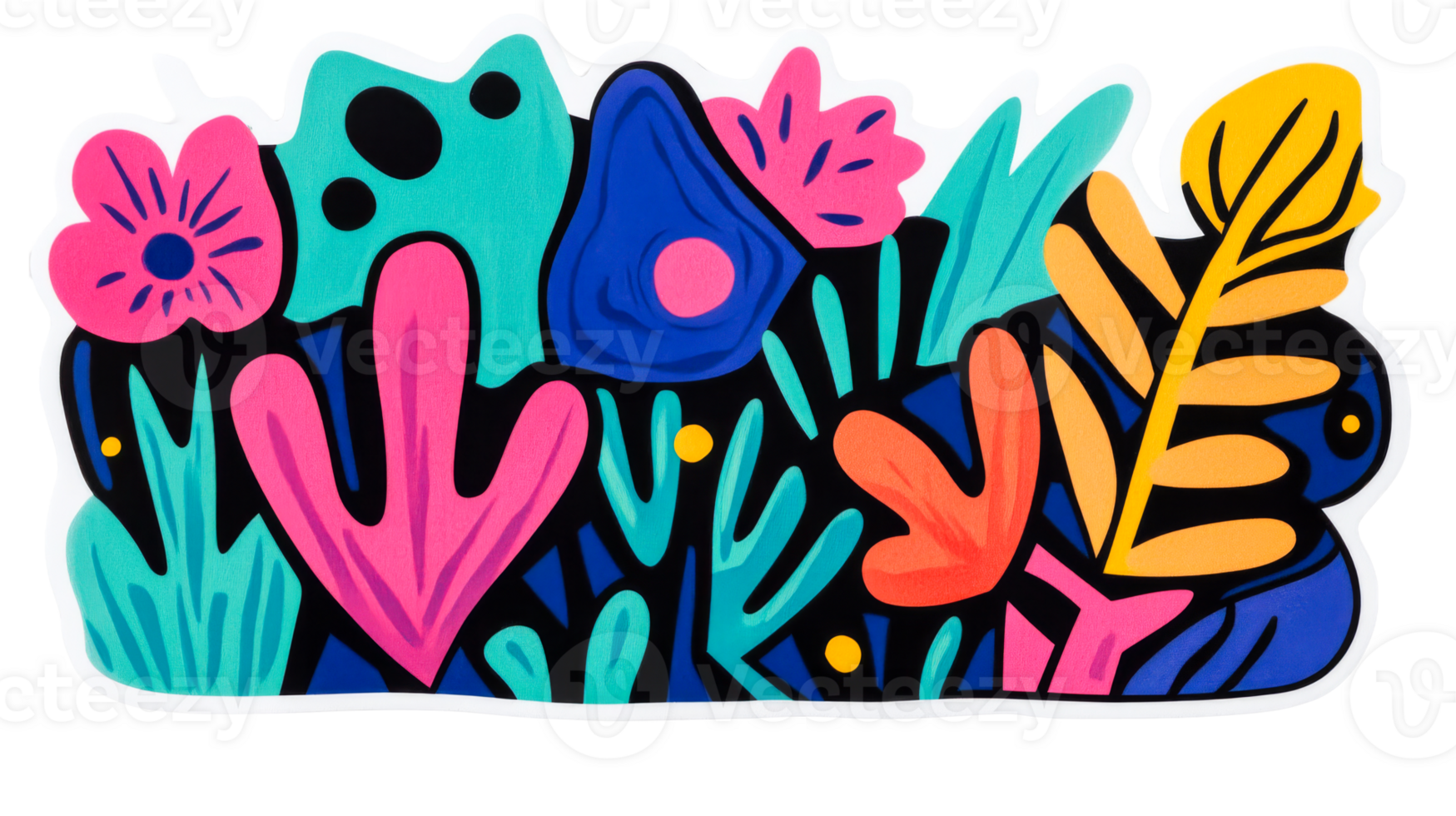 Vivid floral abstract cutout illustration on black background, cut out transparent png