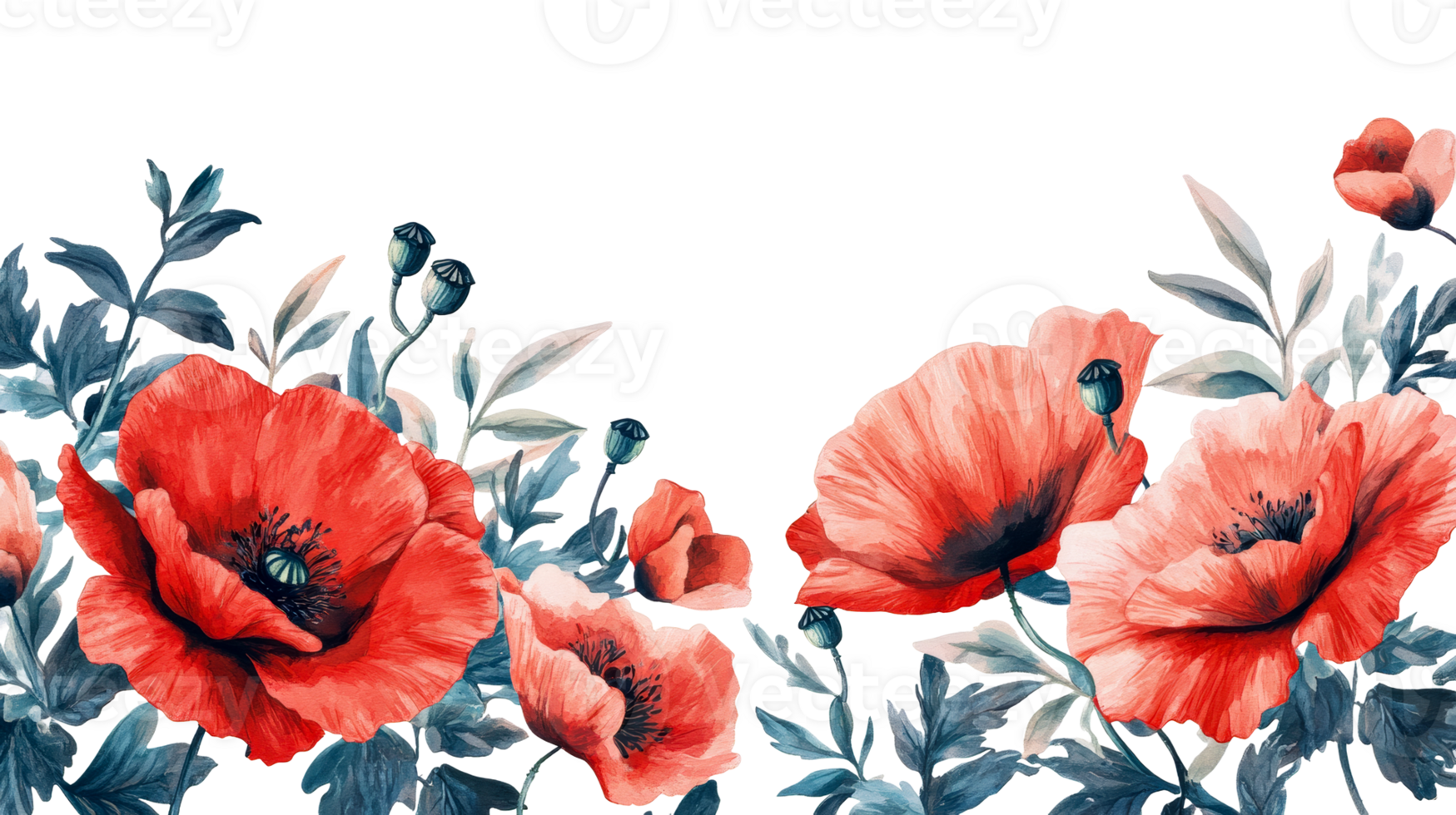 Vibrant floral arrangement with red poppies against black backdrop, cut out transparent png