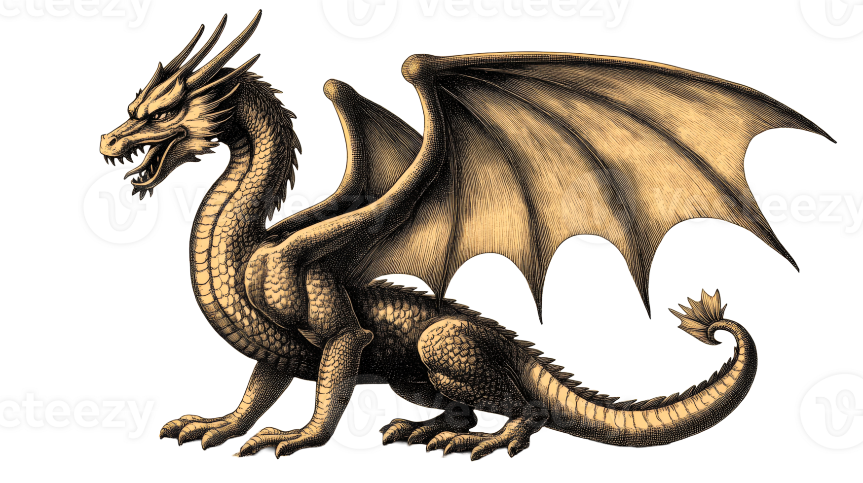 Engraved dragon illustration, mythical beast, fantasy creature, cut out transparent png