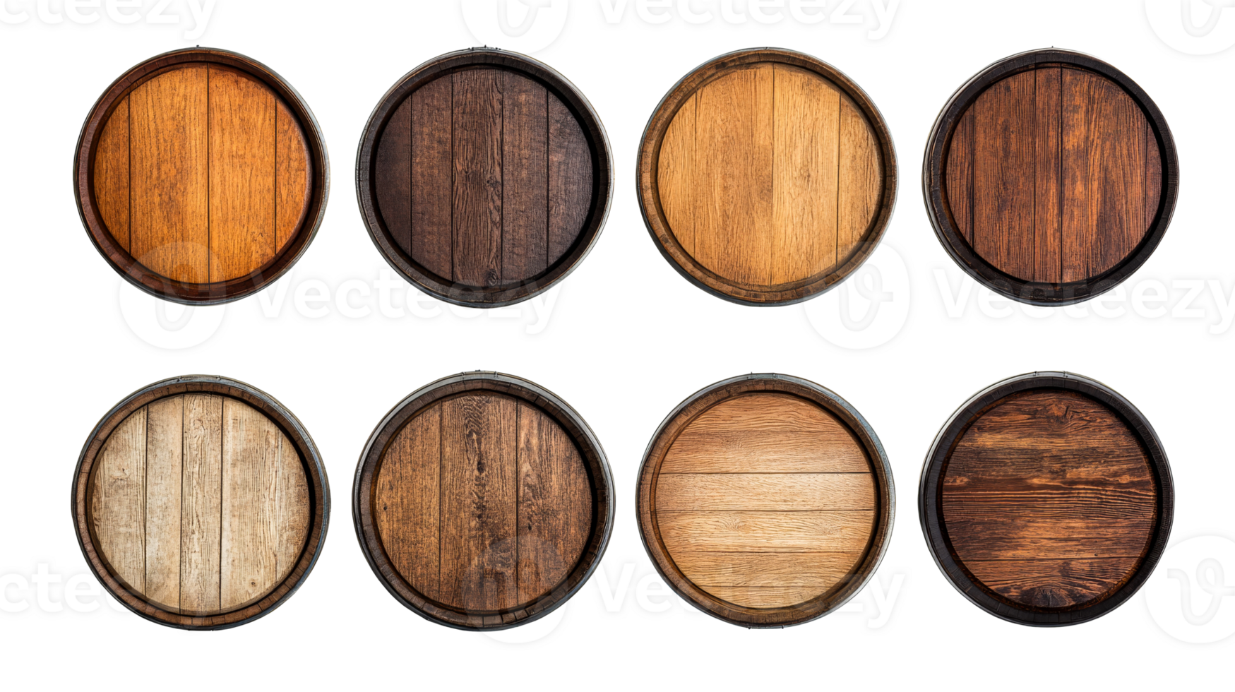 Wood barrels with different wood tones, top view, cut out transparent png