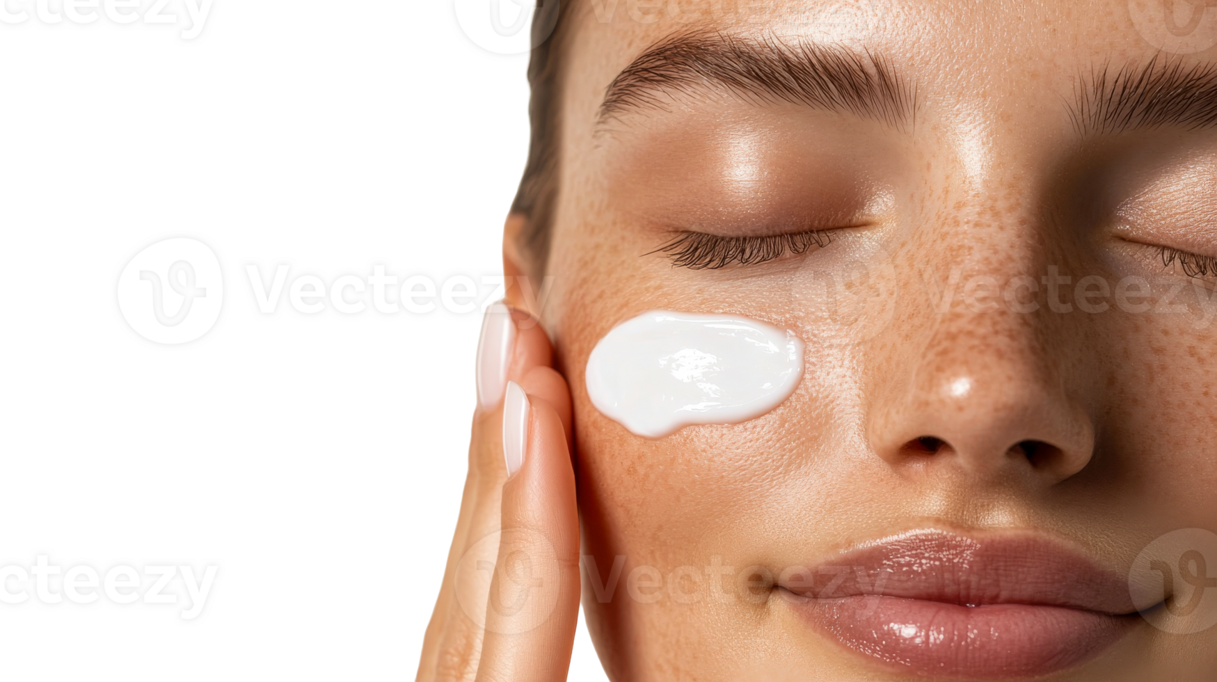 Applying cream on face, clean, natural skin, freckles, isolated, cut out transparent png