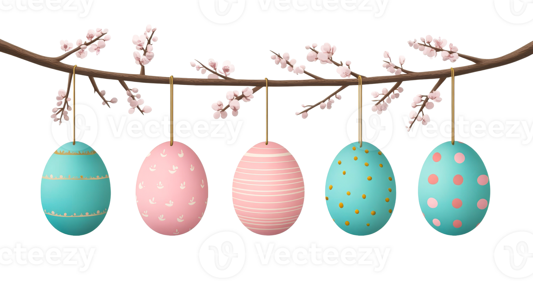 Decorative easter eggs hanging from a branch with blossoms png