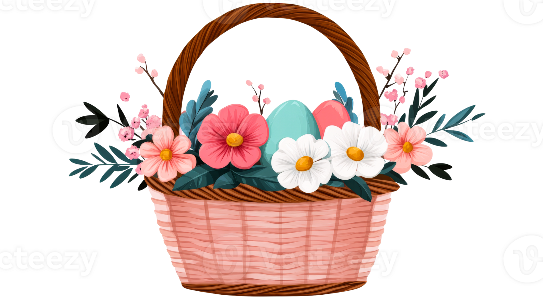 Colorful basket with easter eggs and flowers for spring celebration png