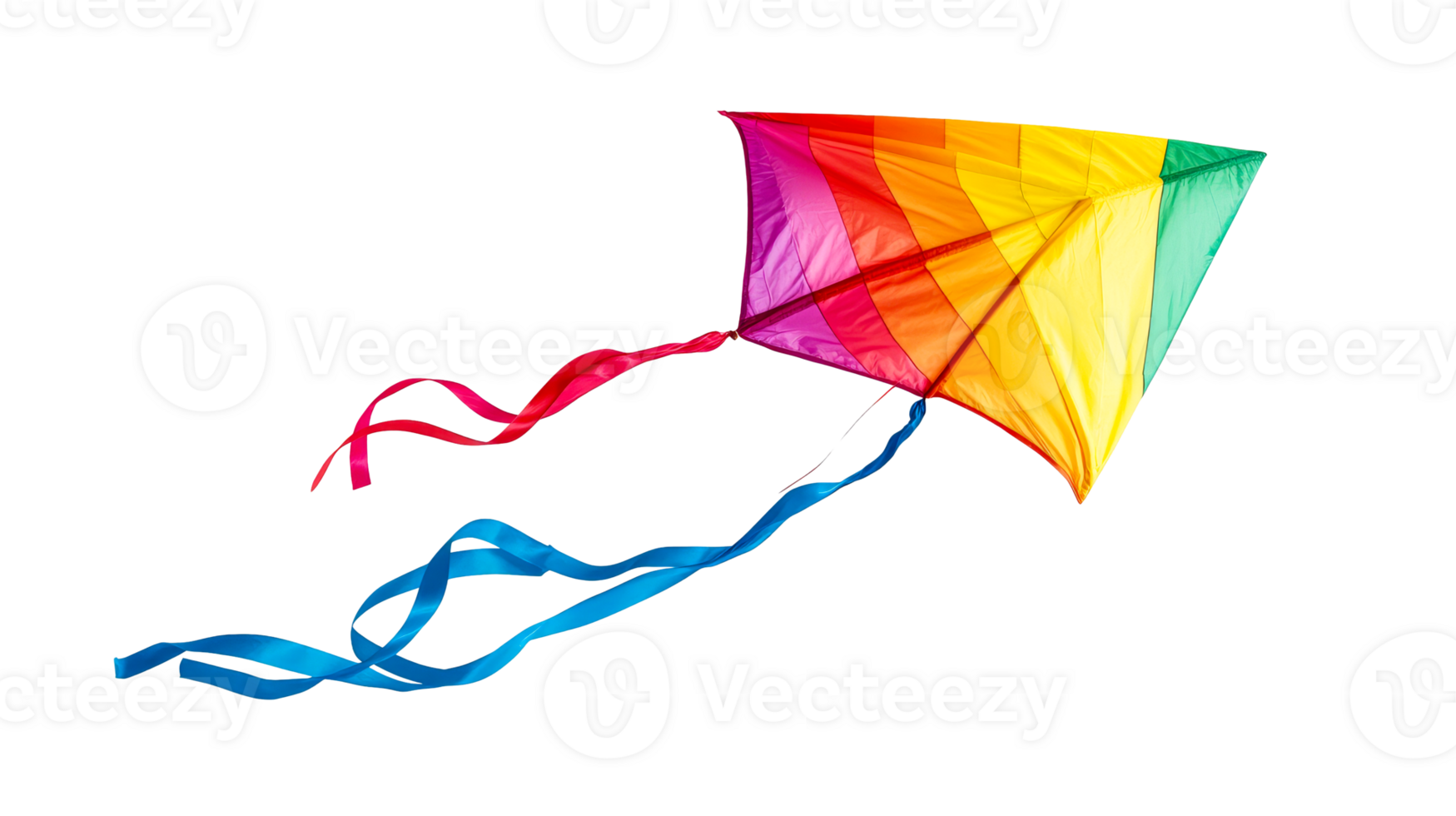 Colorful rainbow kite flying against a clear sky background png