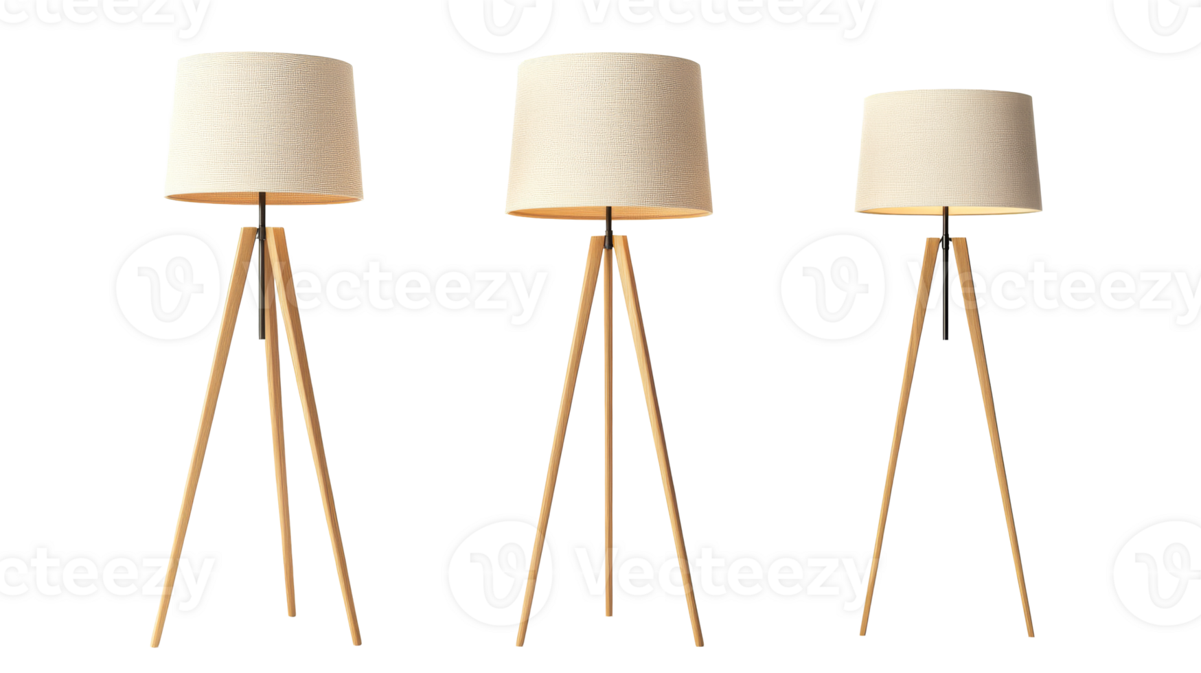 Modern floor lamps with wooden tripod bases and fabric shades png