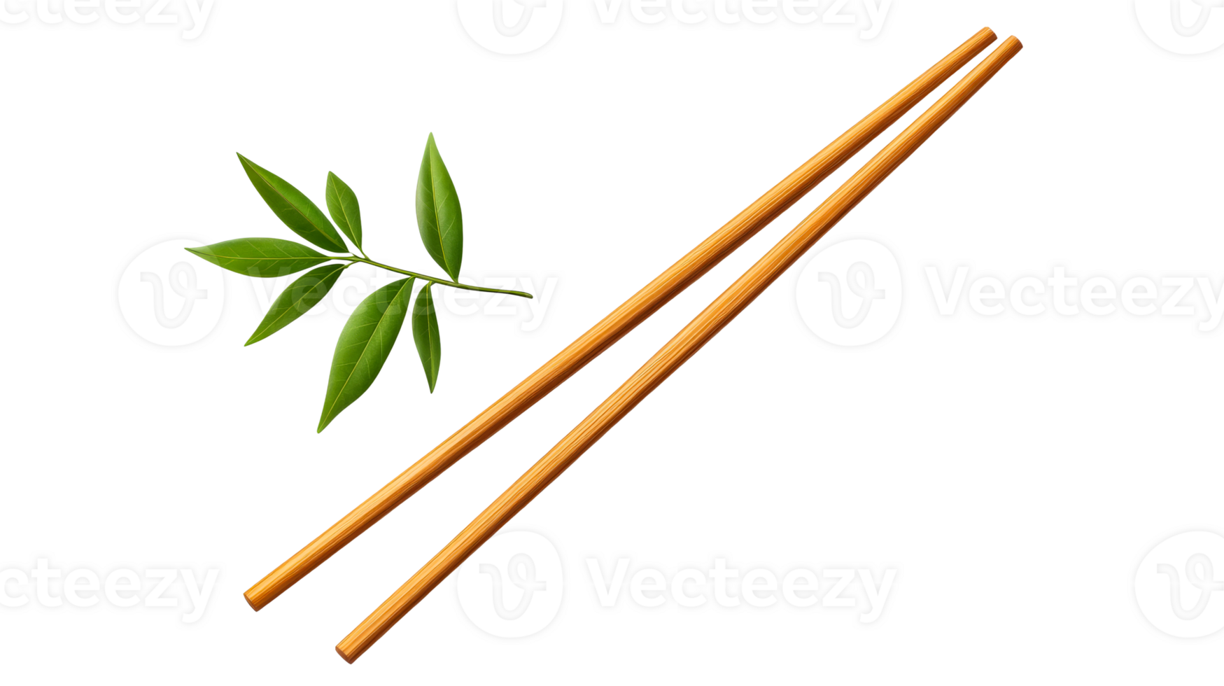 Two wooden chopsticks and a green leaf on a transparent background png
