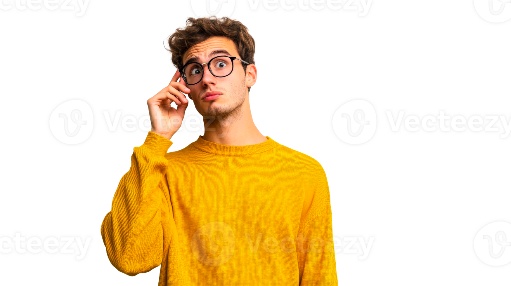Young man in yellow sweater thinking with hand on temple png