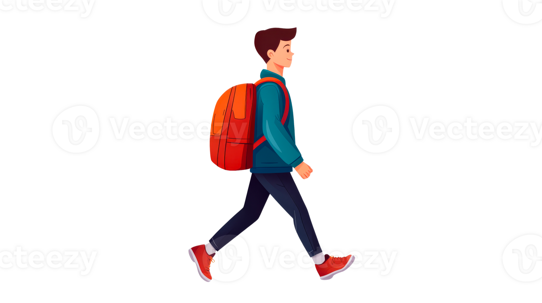 Student walking with backpack, side view character design, cut out transparent png