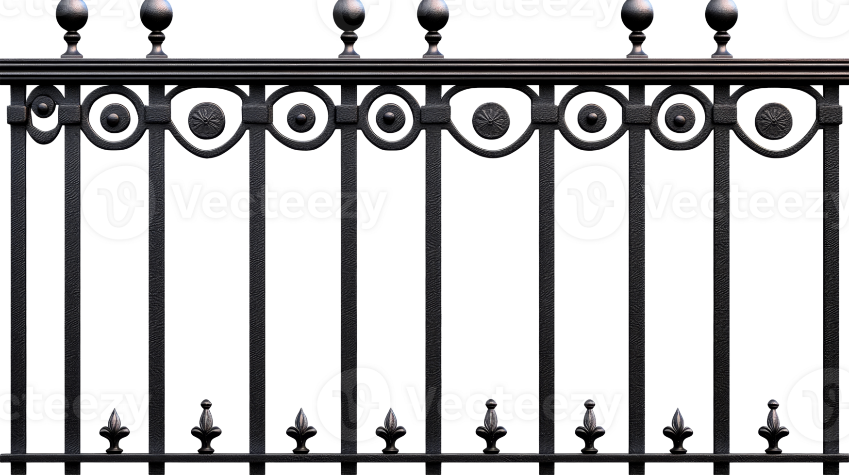 Decorative black wrought iron fence with circular patterns for gardens png