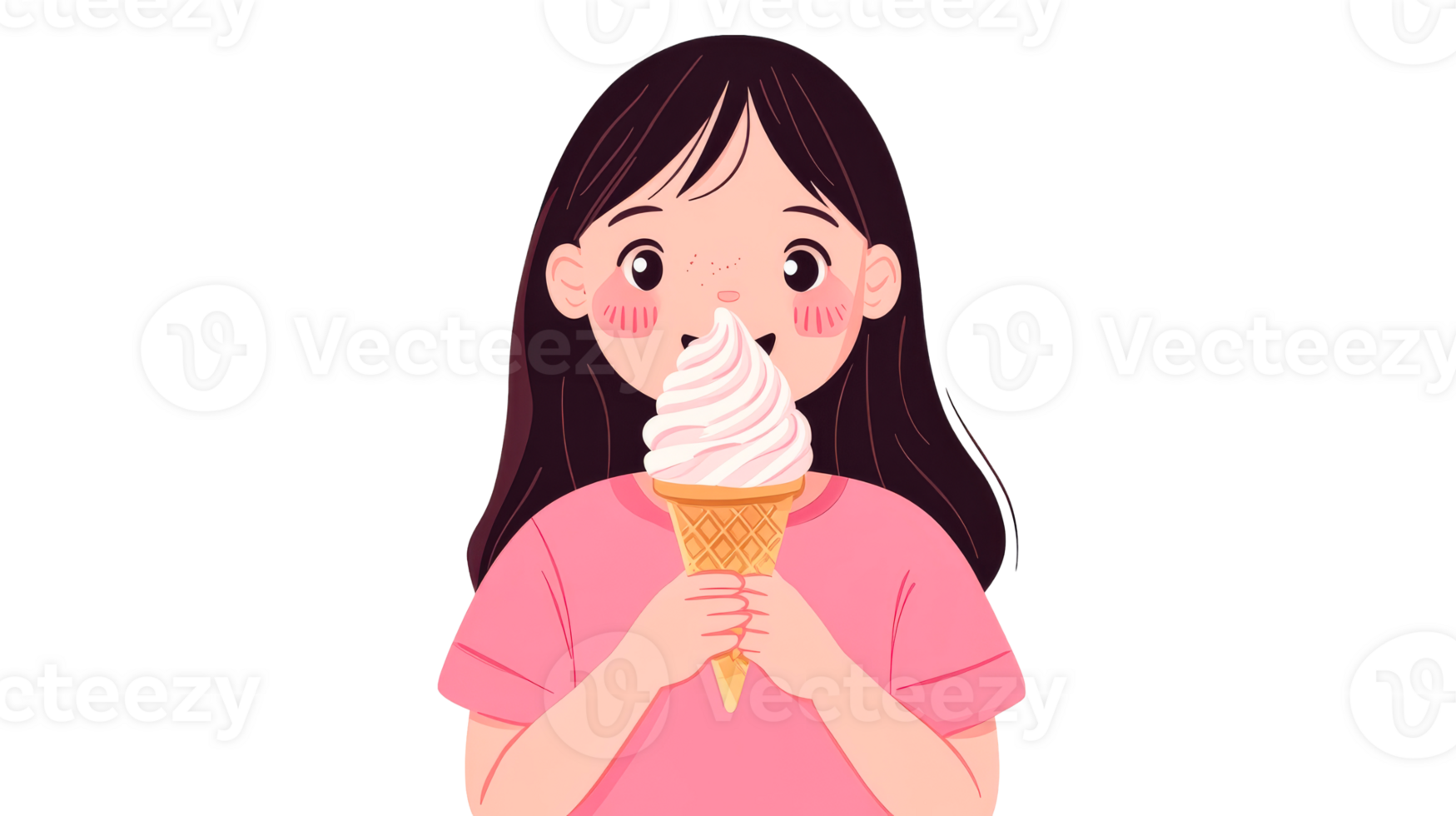 Girl with Ice Cream Cone Enjoying Summer Treat, cut out transparent png