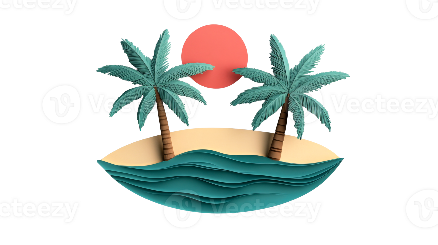 Tropical island with palm trees and sunset, cut out transparent png