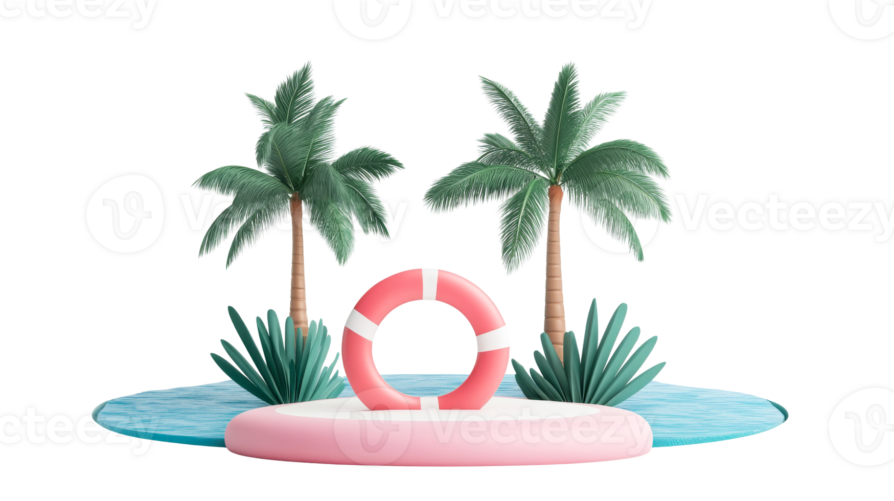 Tropical island scene with palm trees, lifebuoy, cut out transparent png
