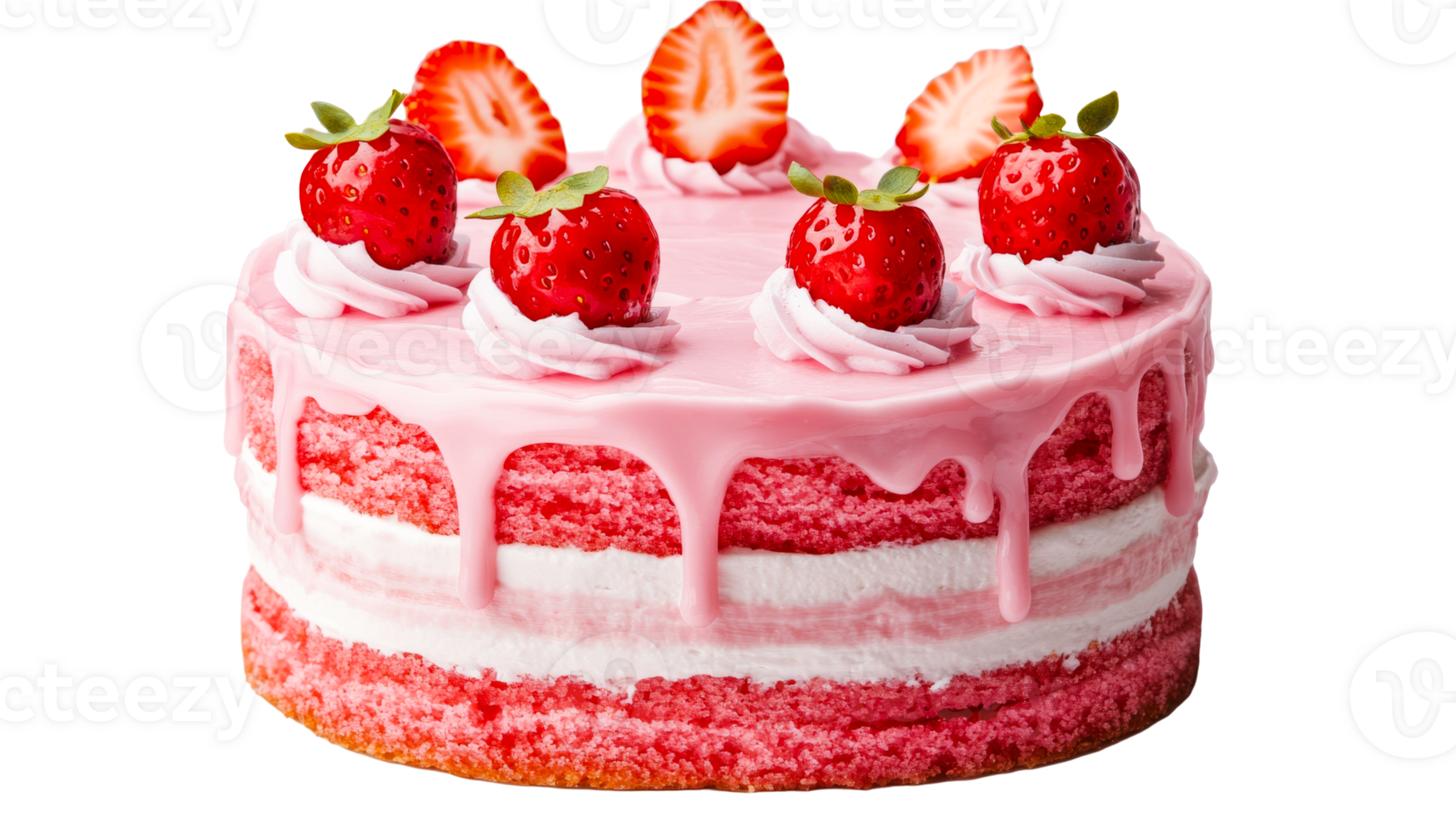 Strawberry cake with pink glaze and frosting , cut out transparent png