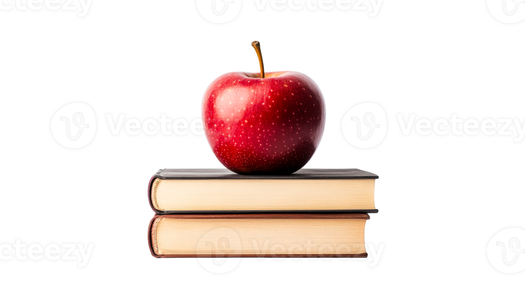Red apple on stack of books, learning and study, cut out transparent png
