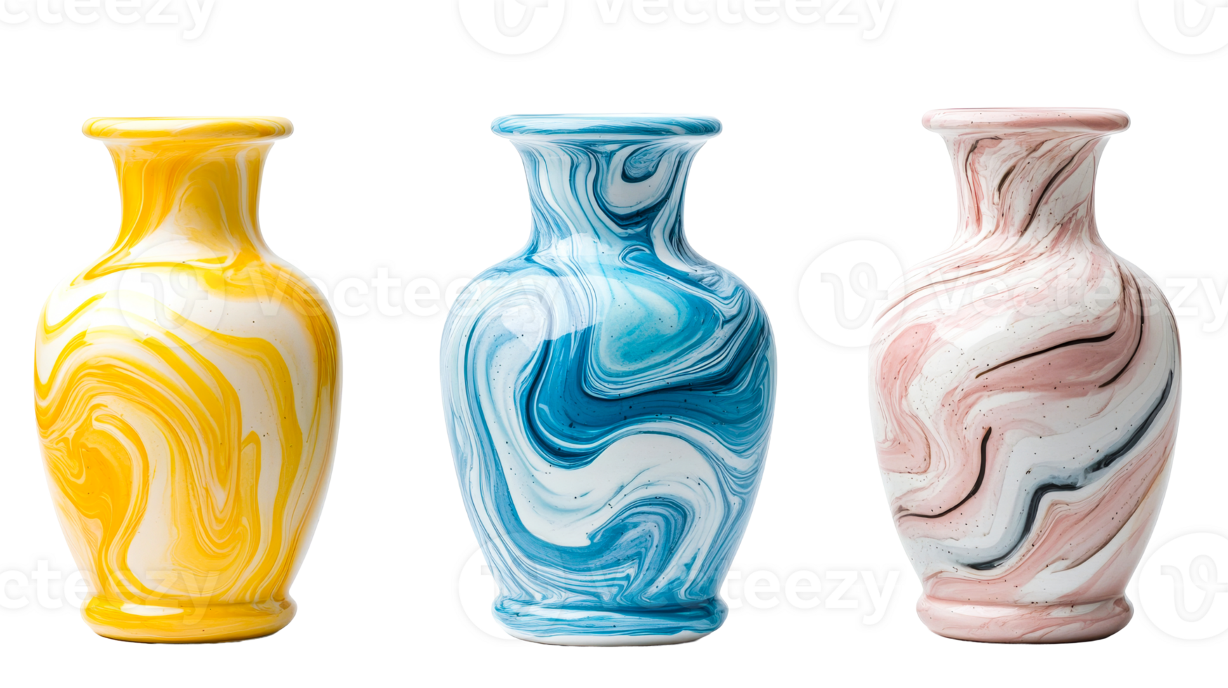 Three colorful vases with swirling patterns, cut out transparent png