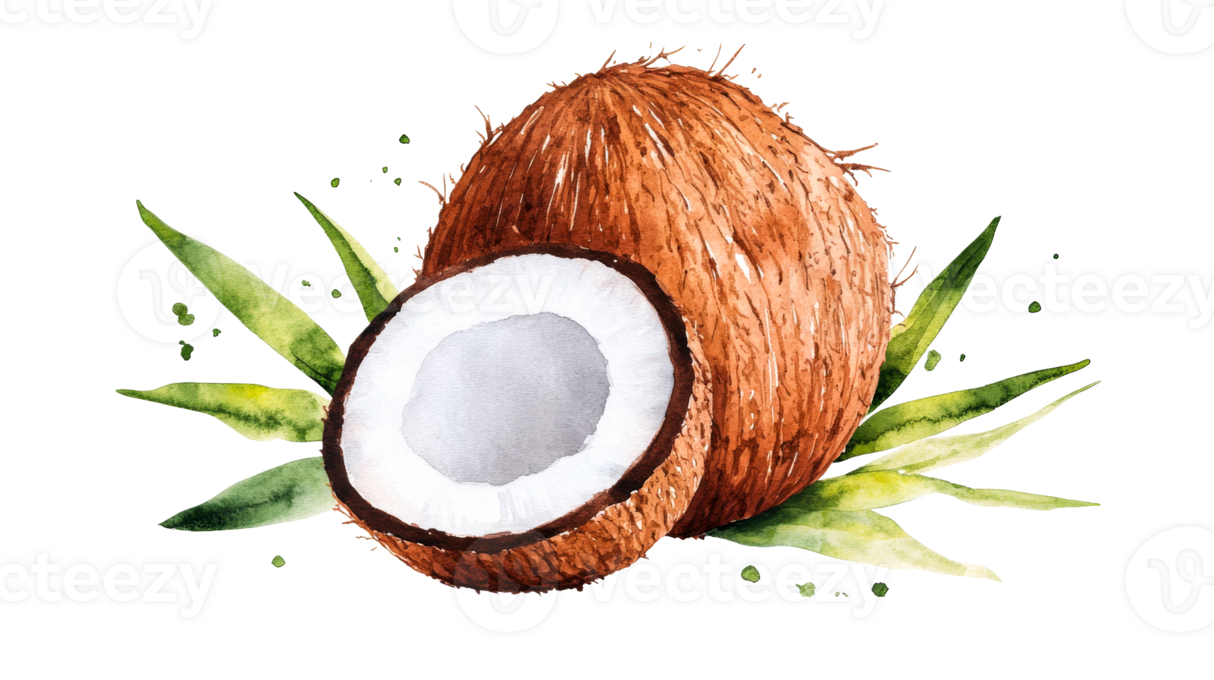 Watercolor illustration of coconut and leaves, cut out transparent png