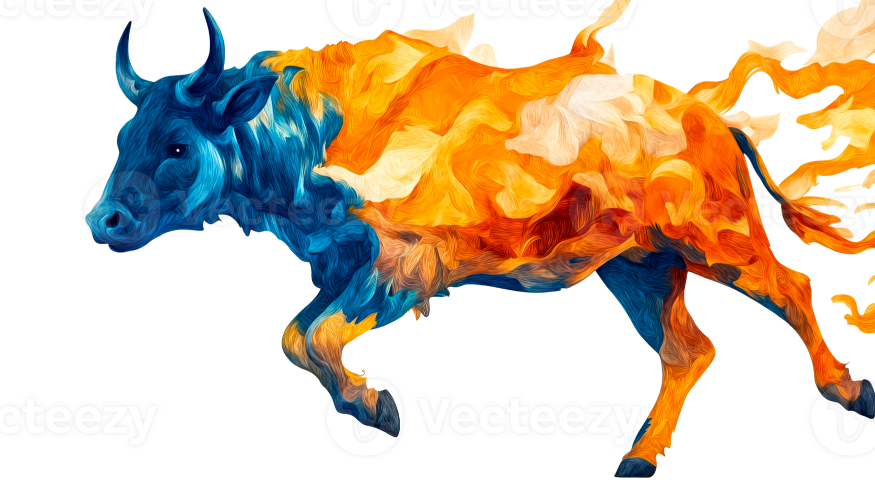 Charging bull illustration with vibrant colors, digital painting, cut out transparent png