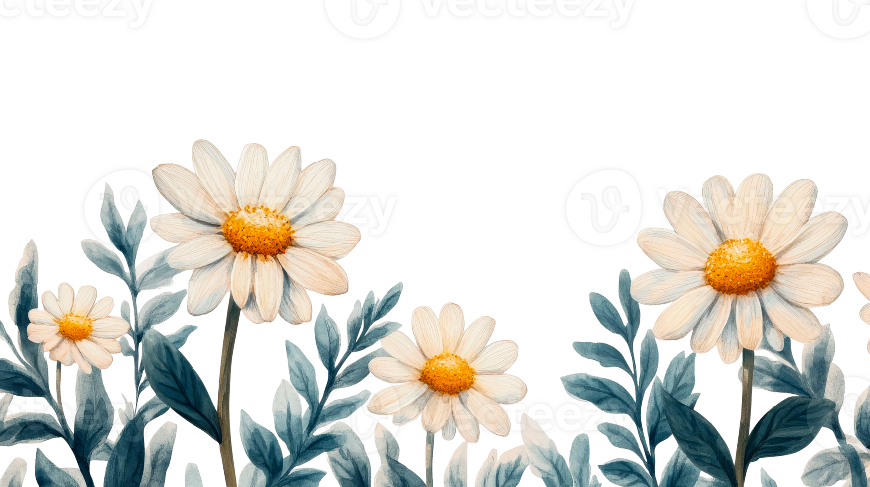 Watercolor daisies with blue leaves and stalks, cut out transparent png