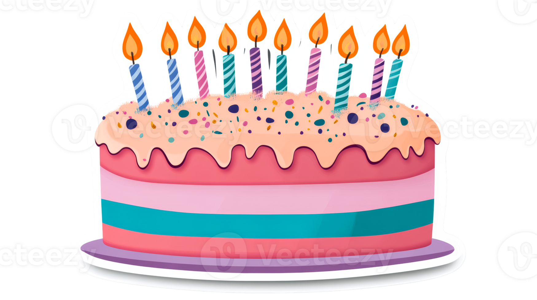 Colorful layered cake with candles for birthday celebrations, cut out transparent png