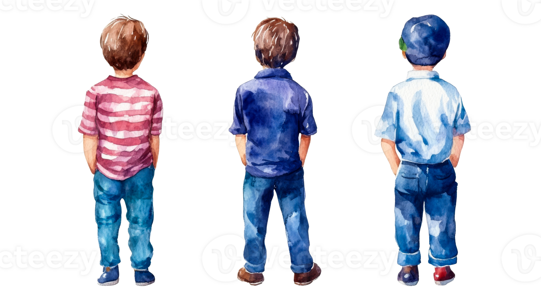 Watercolor trio boys, back view illustration, cut out transparent png