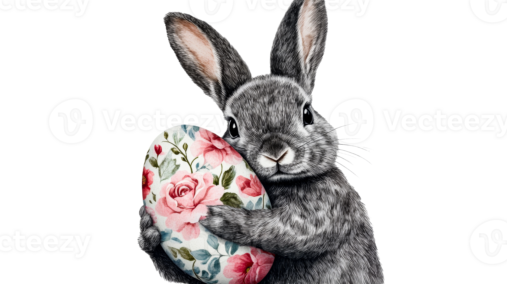 Gray rabbit holds easter egg with flower pattern, cut out transparent png