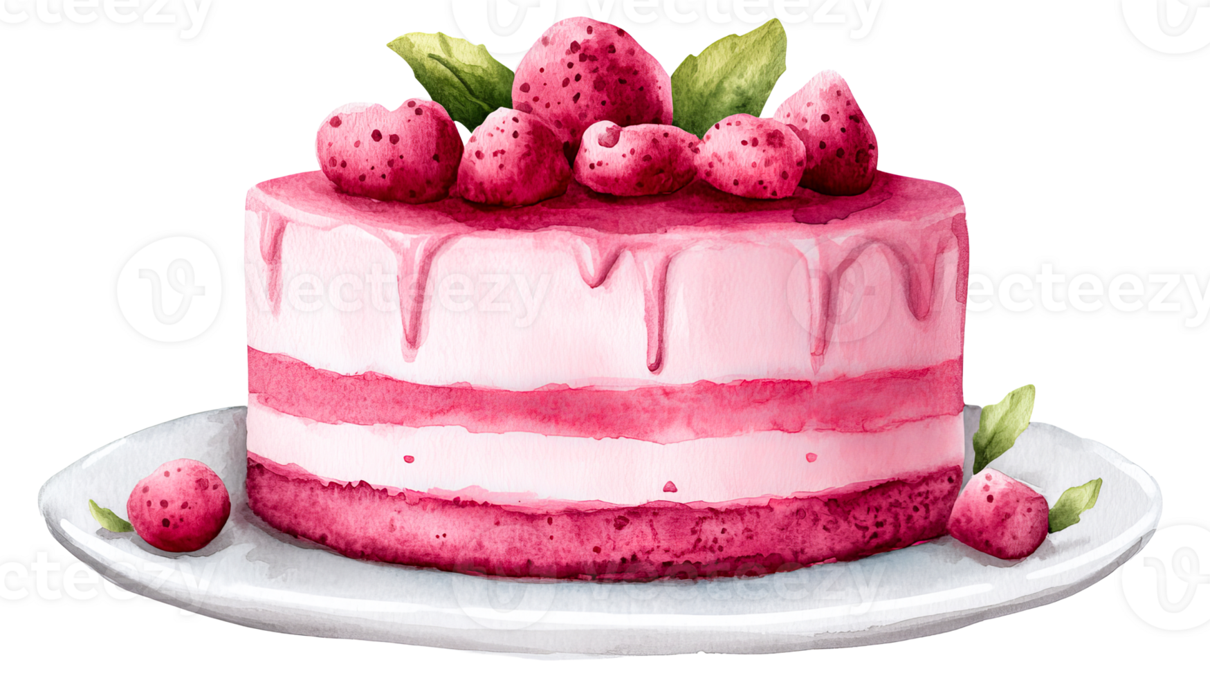Watercolor strawberry cake art, layered, berries, dessert sweet treat, cut out transparent png