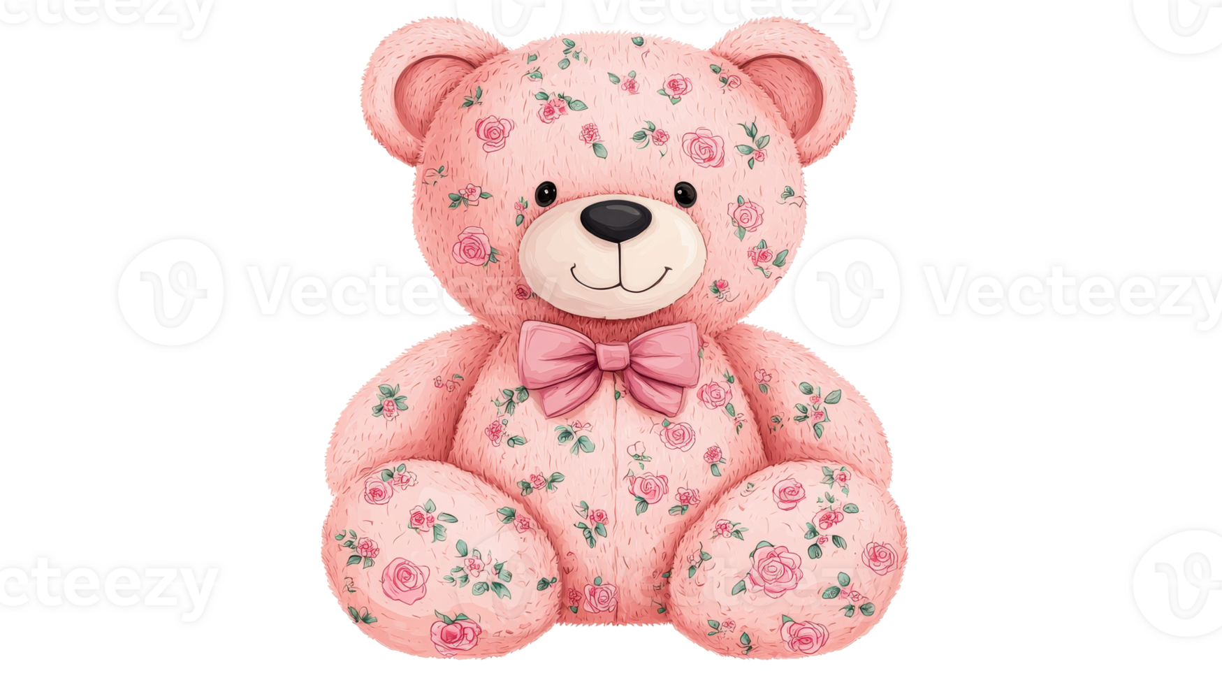 Rose pattern teddy bear with bow tie, cut out transparent png
