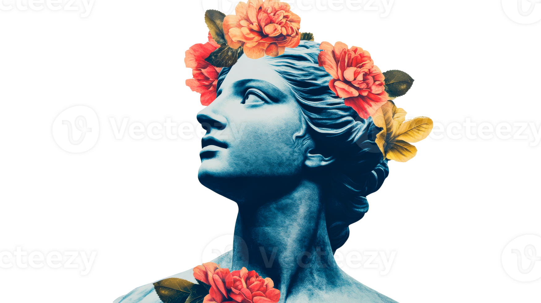 Stone statue with floral crown looking up isolated on black, cut out transparent png