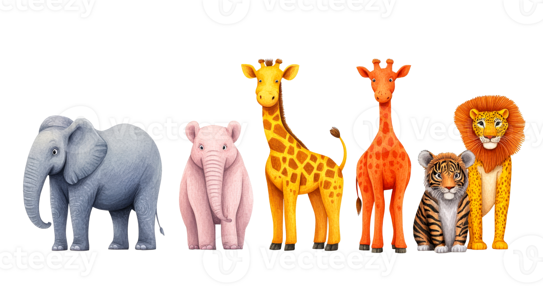 Watercolor painted jungle animal illustrations, vibrant, cute, cut out transparent png