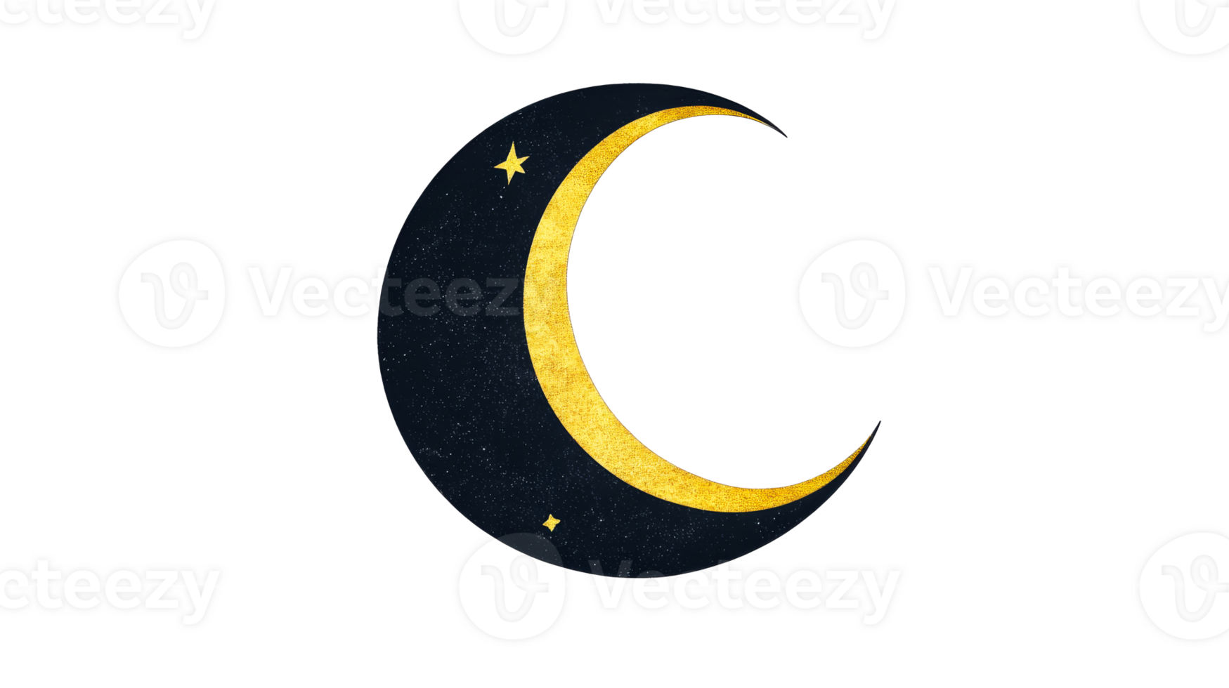 Crescent moon with golden glow and stars, cut out transparent png