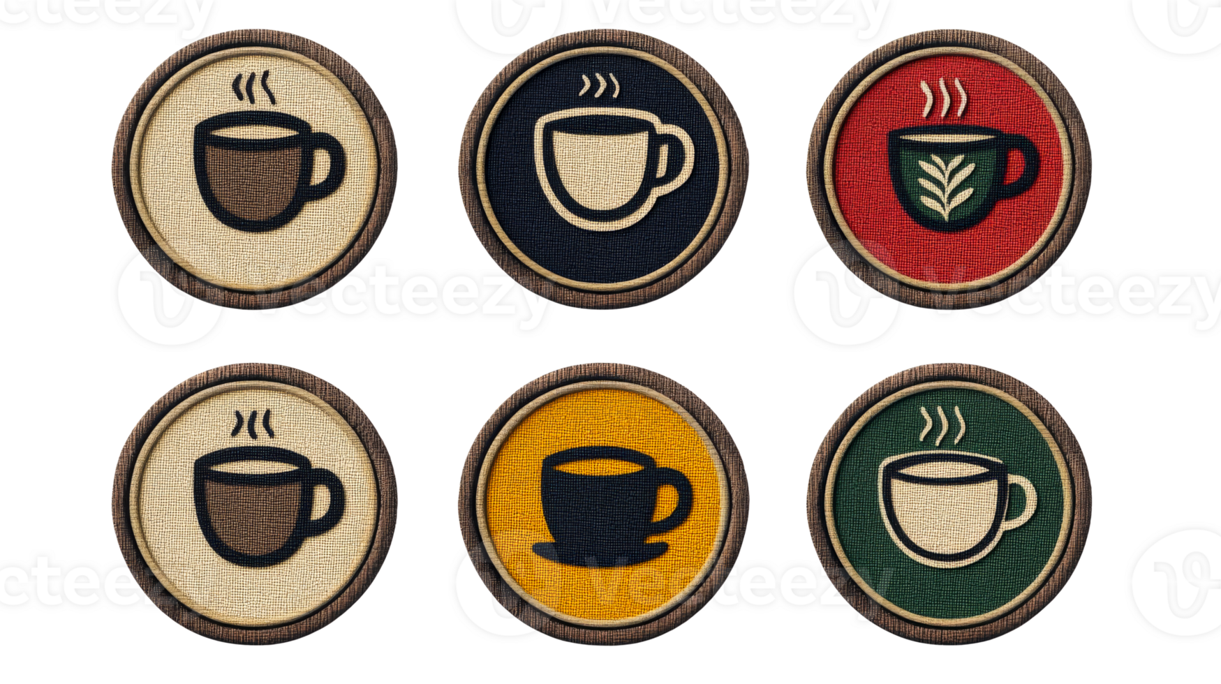 Set of stitched style coffee coaster icons on black, cut out transparent png