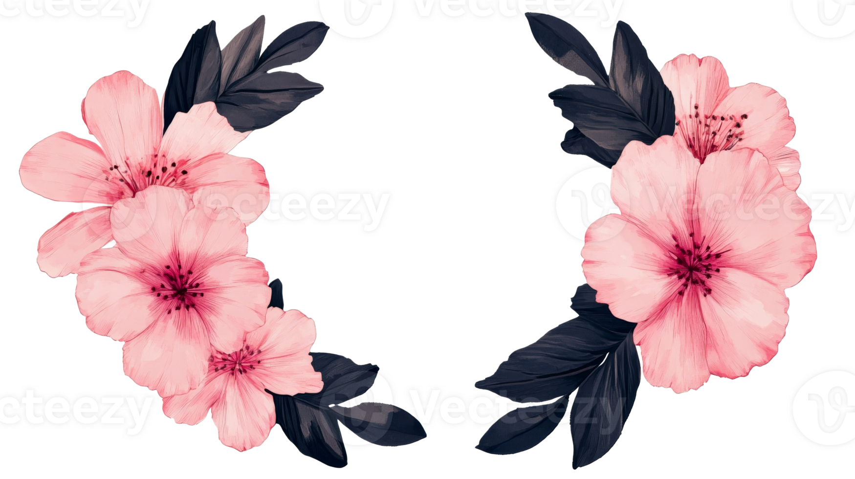 Floral arrangement, pink flowers, dark leaves, elegant design, cut out transparent png
