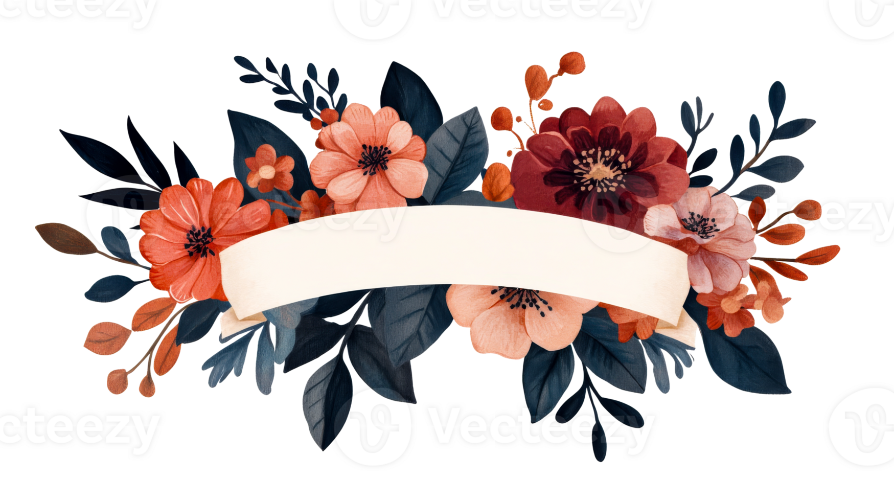 Floral banner with red flowers and navy leaves, cut out transparent png