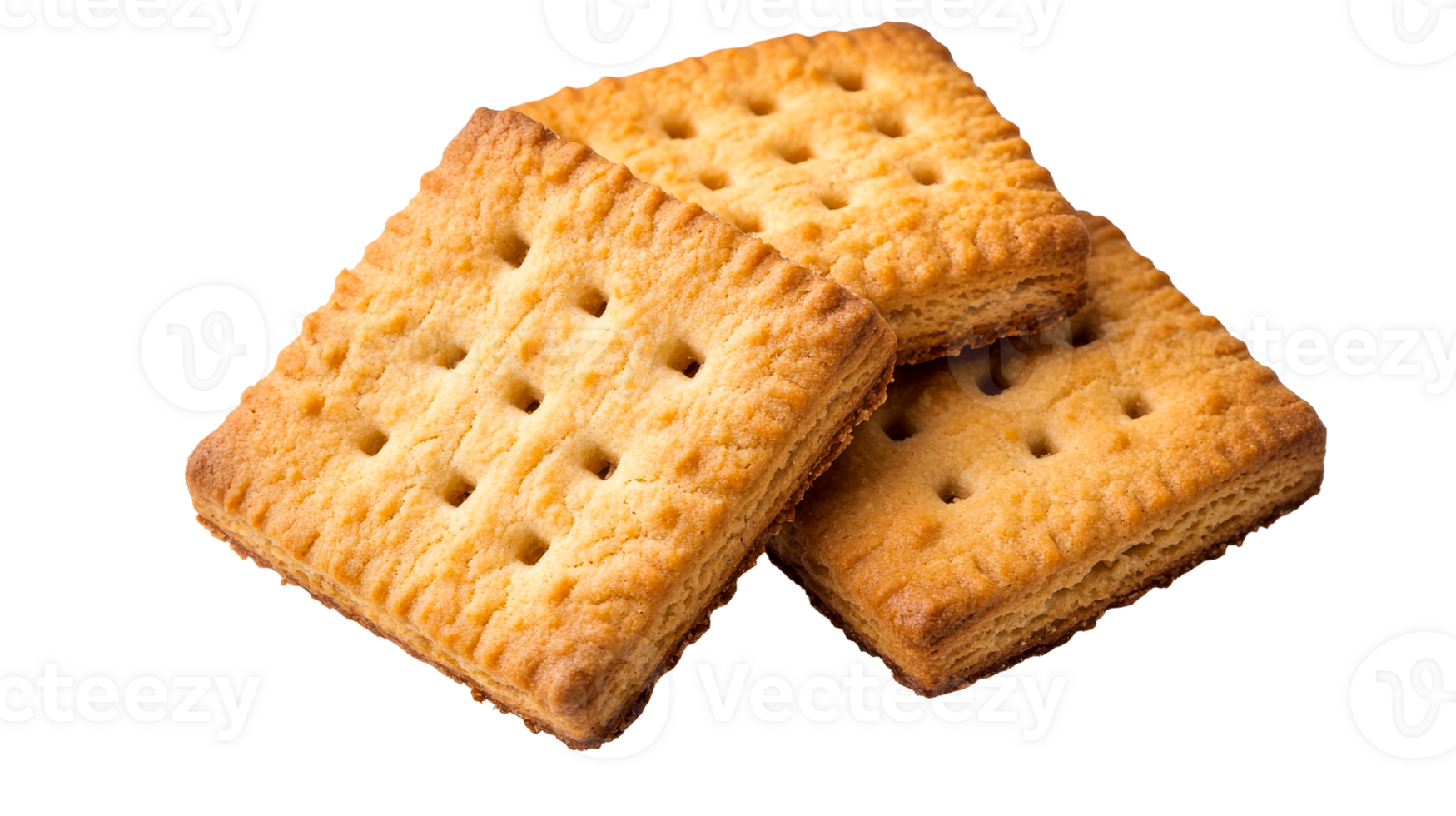 Three baked golden cracker cookies, savory food, cut out transparent png
