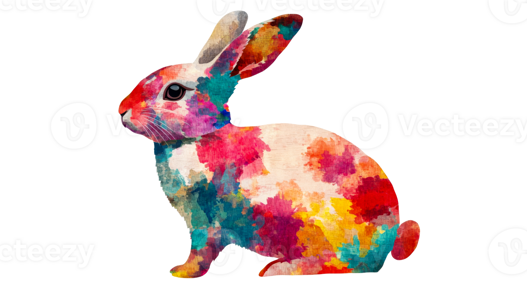 Artistic, colorful bunny rabbit illustration, isolated, cut out transparent png