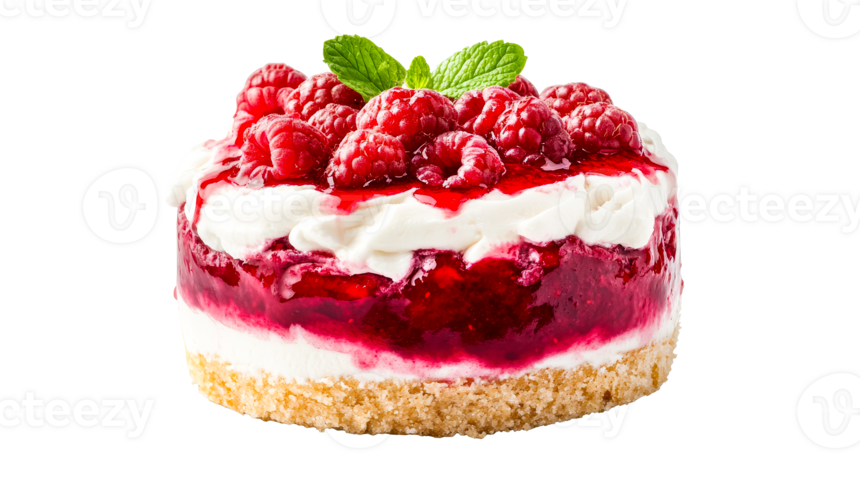 Raspberry cheesecake dessert with cream, mint garnish, cut out transparent png