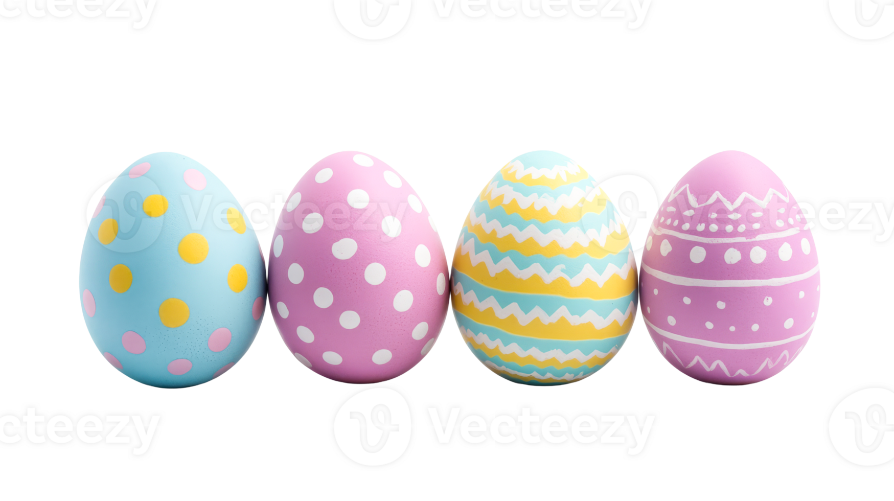 Four easter eggs with different patterns, cut out transparent png