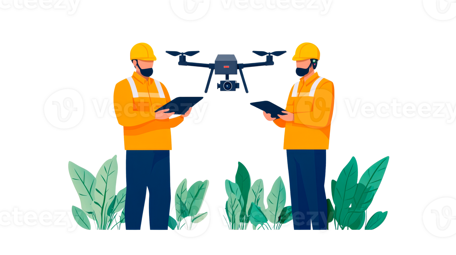 Inspectors with Drone and Tablets, Surveillance Operation, cut out transparent png