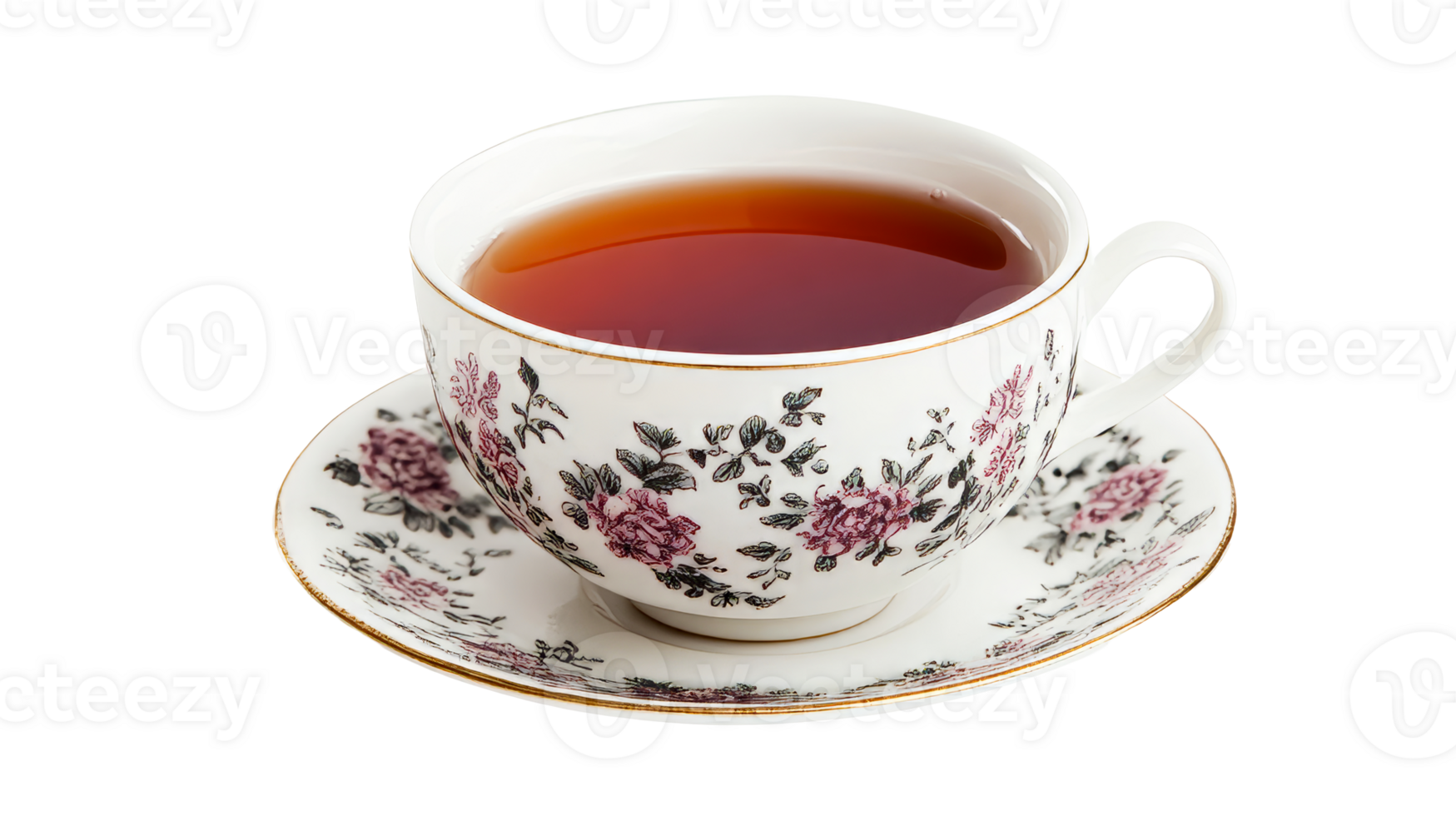 Porcelain teacup with tea, white, floral patterns, elegance, isolated, cut out transparent png