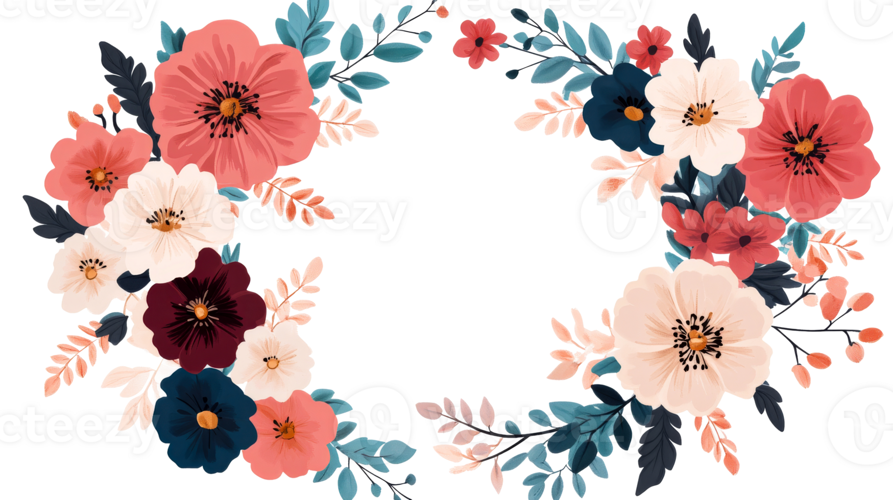 Wreath floral elegant design, colorful blossoms, petals, frame, cut out transparent png