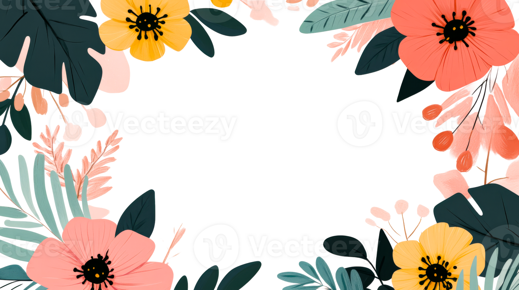 Floral frame with colorful flowers and leaves on black background, cut out transparent png