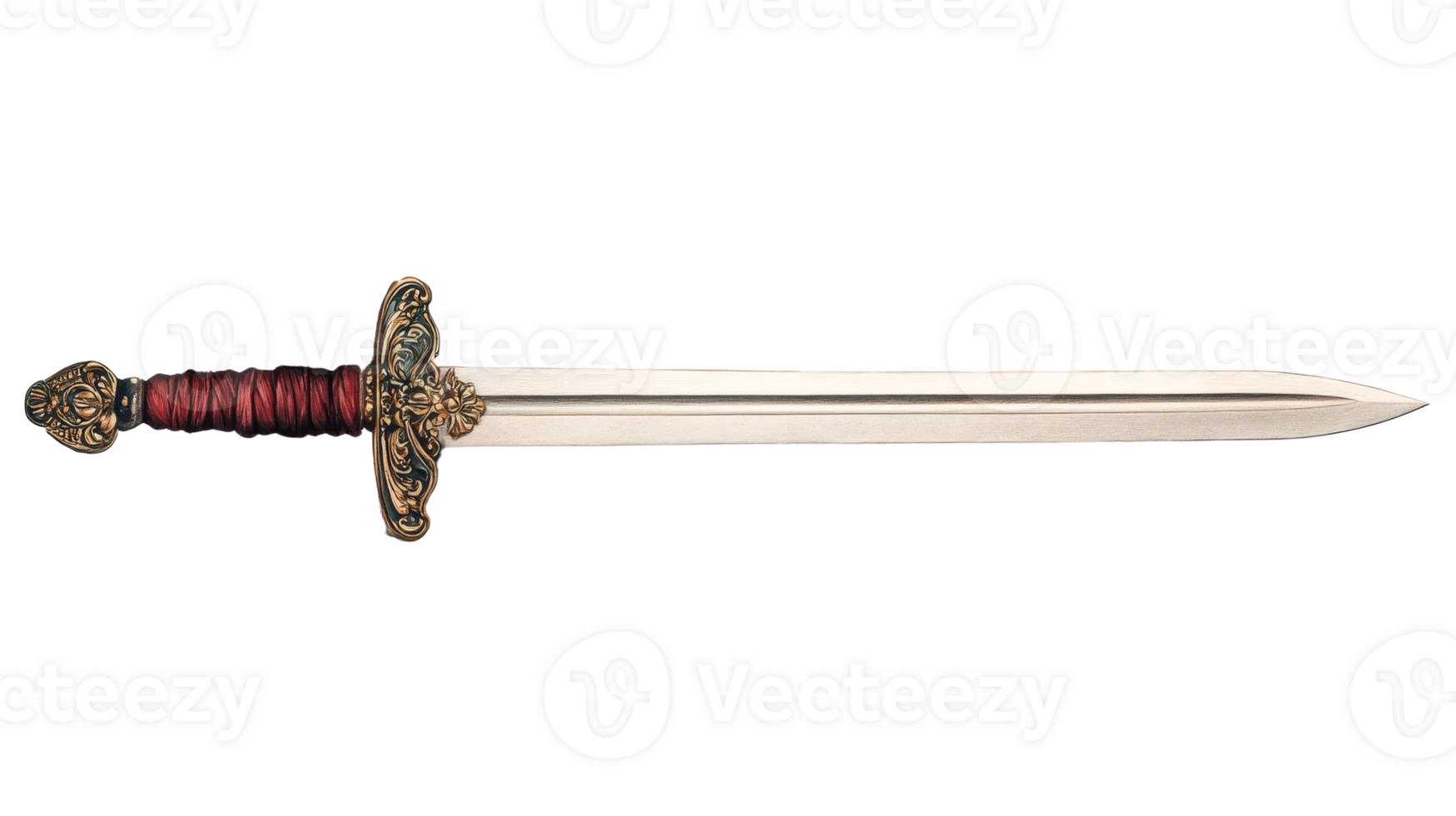 Ornate sword with bronze hilt and detailed blade, cut out transparent png