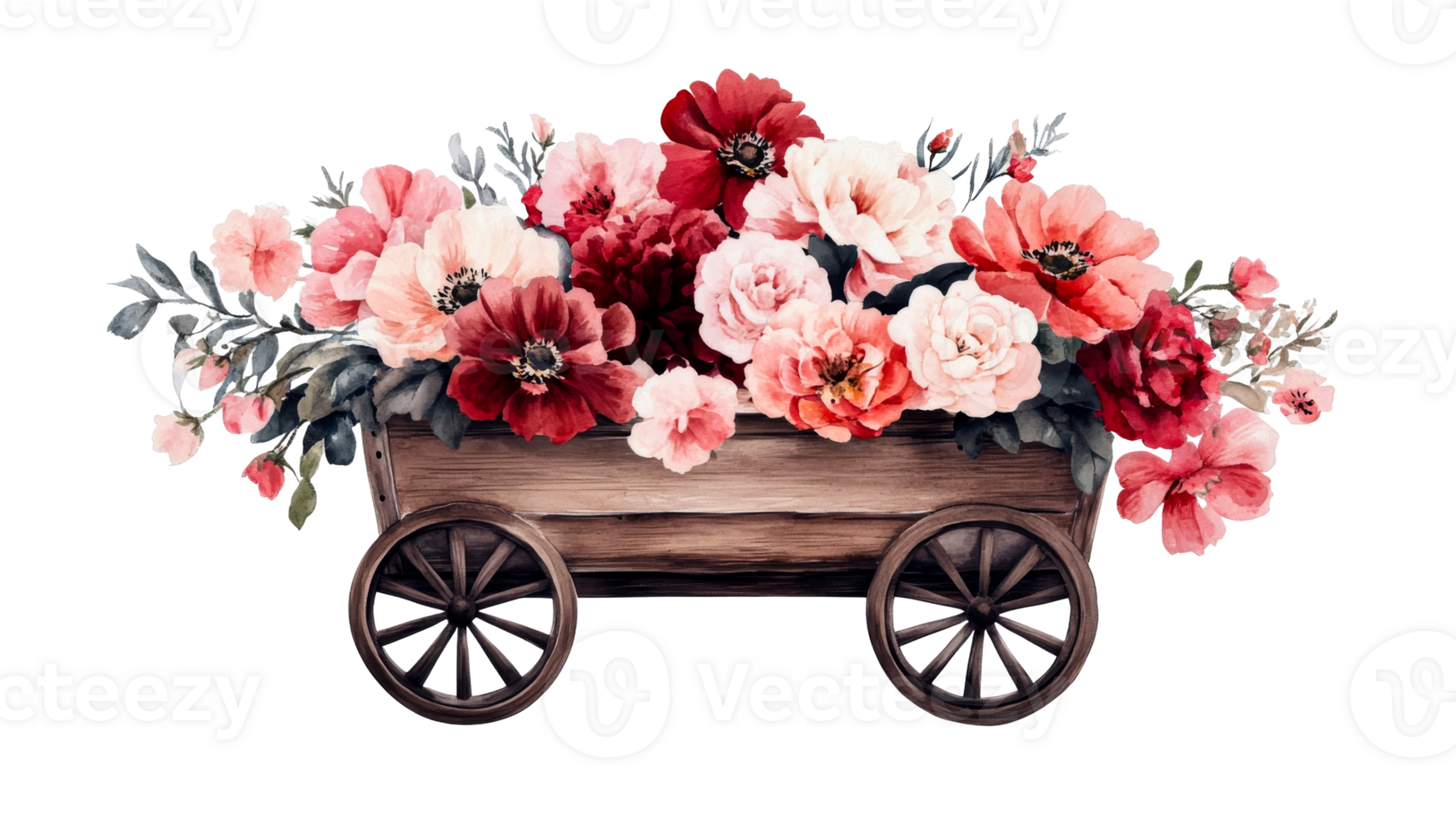 Wood cart with red flowers, decoration, romantic, beautiful, gift, art, cut out transparent png